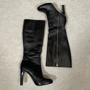 INC Tall Heeled Boots Black Leather Gold Zipper Accent Round Toe Brenden 7.5